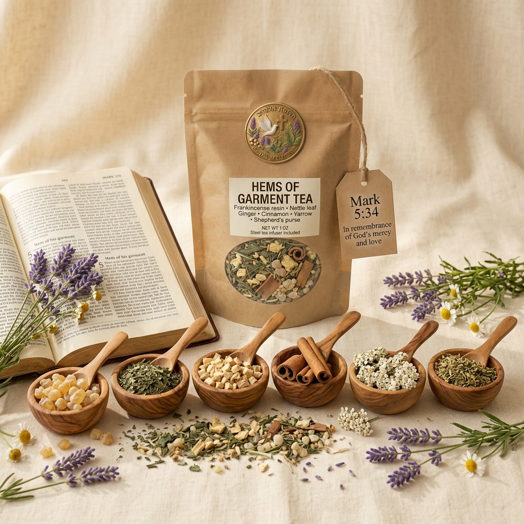 Hems of Garment Tea herb display with open Bible