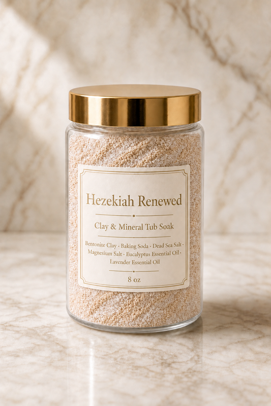 A clear glass jar filled with beige bath soak crystals and topped with a shiny gold lid, labeled 'Hezekiah Renewed Clay & Mineral Tub Soak,' set on a light marble surface against a matching marble background.

