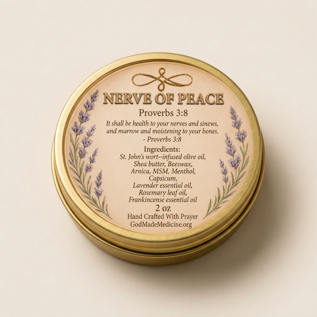 Closed gold Nerve of Peace Salve tin on a cream background.