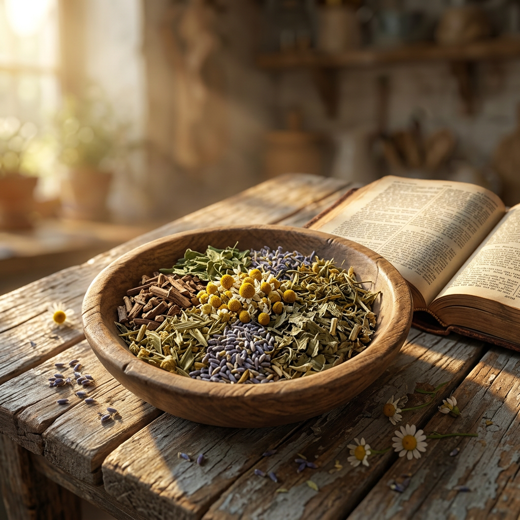 Peace Be Still six-herb tea blend in a wooden bowl beside an open Bible