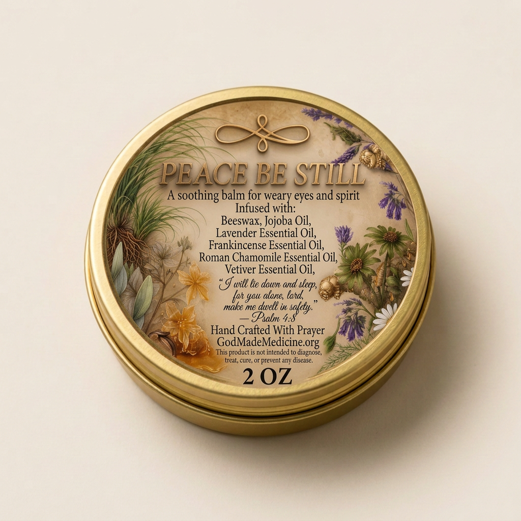 Closed gold Peace Be Still Salve tin on a cream background.