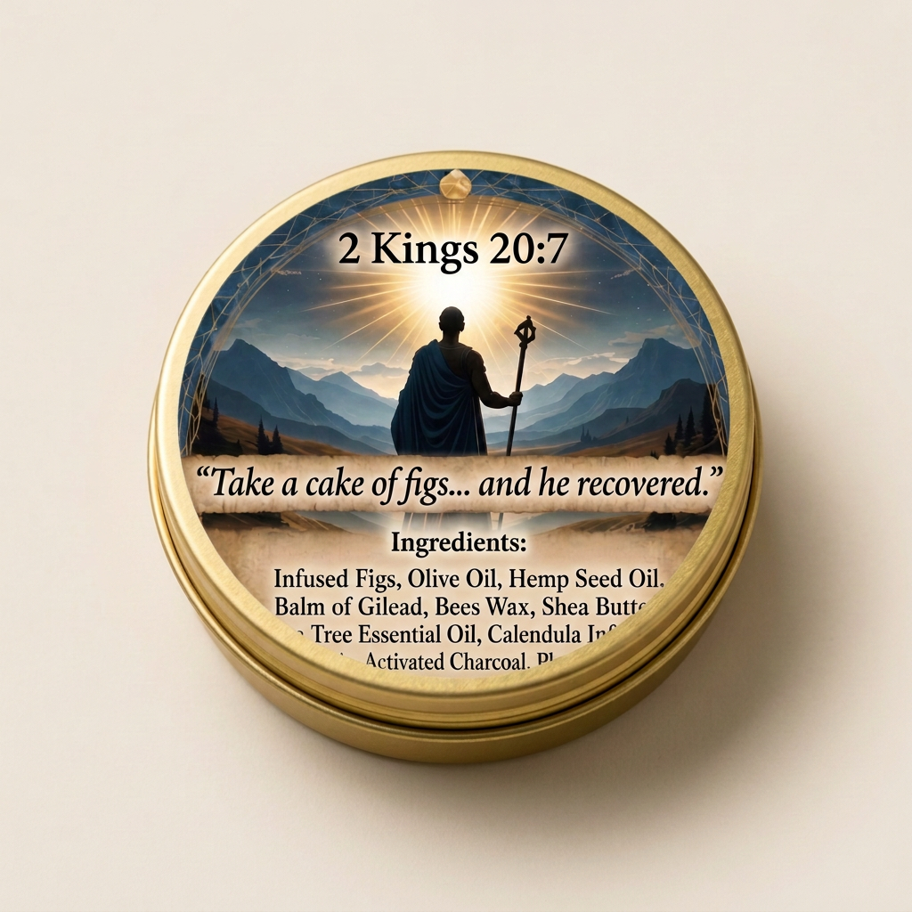 Closed round gold Hezekiah Fig Salve tin on a cream background.