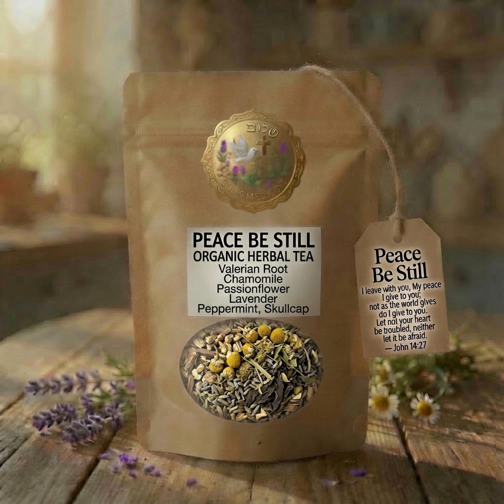 Peace Be Still tea pouch with six-herb ingredient label