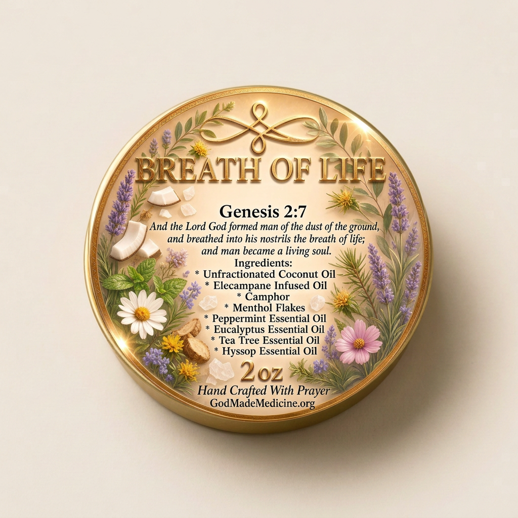 Closed gold Breath of Life Salve tin on a cream background.