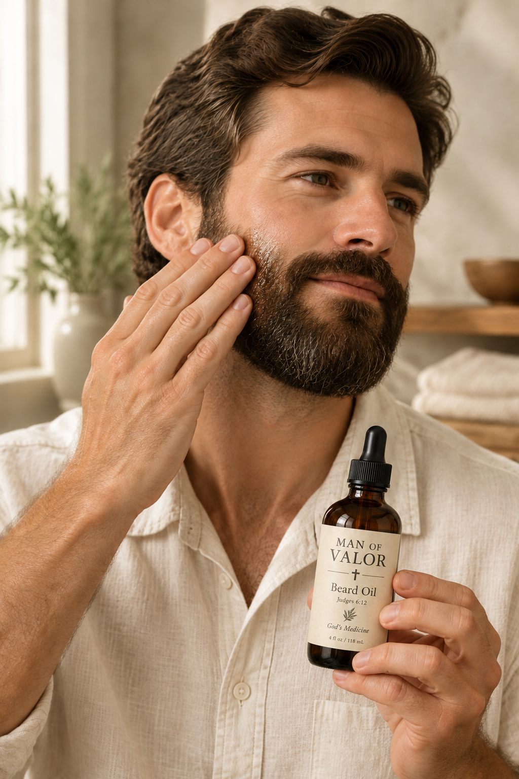 Man applying Man of Valor Beard Oil