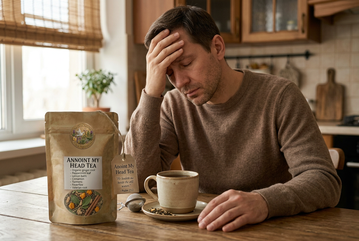 Man holding his head with a cup of brewed tea on the table
