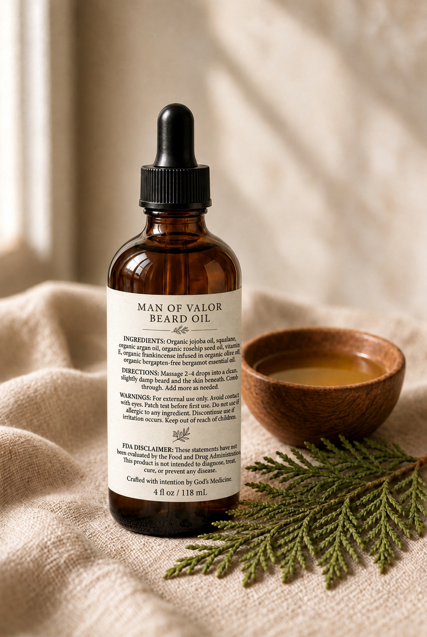 Man of Valor Beard Oil bottle with ingredient back label