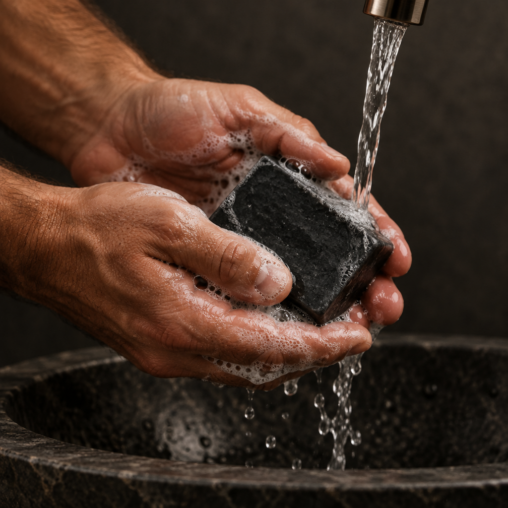Men’s hands holding charcoal soap under running water