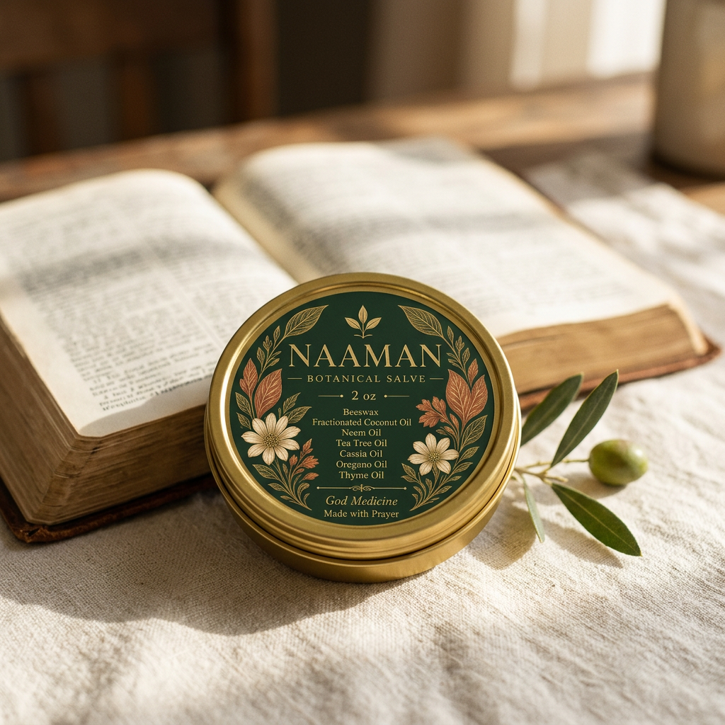 Naaman Botanical Salve beside an open Bible