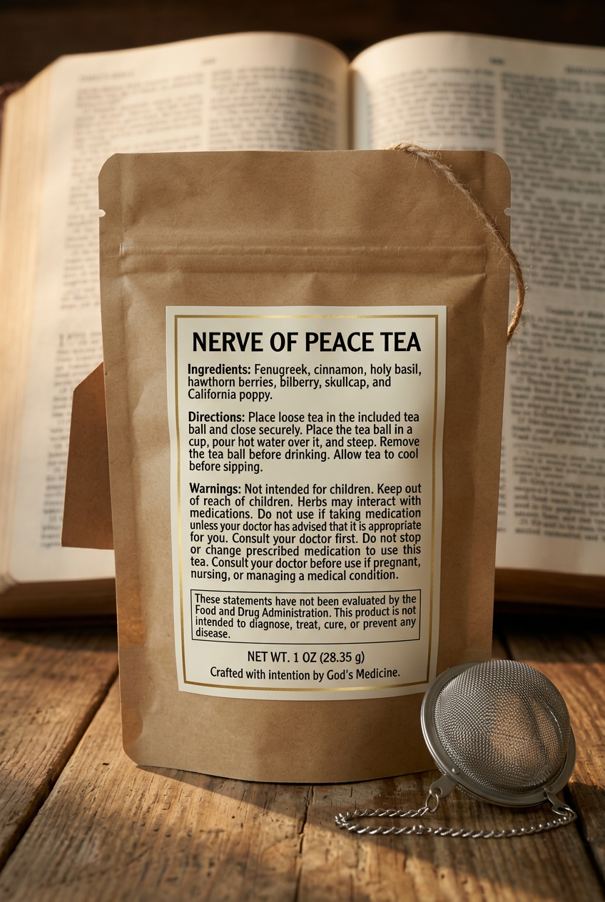 Nerve of Peace Tea back label with directions, ingredients, and FDA disclaimer