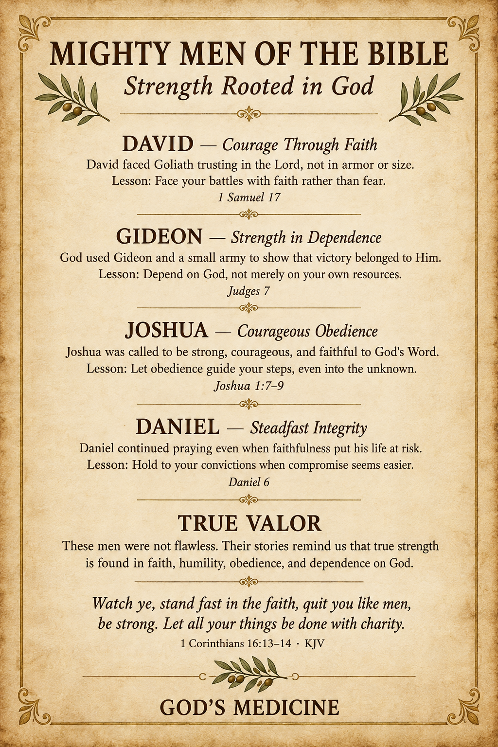 Parchment-style Bible teaching about mighty men and lessons in faith