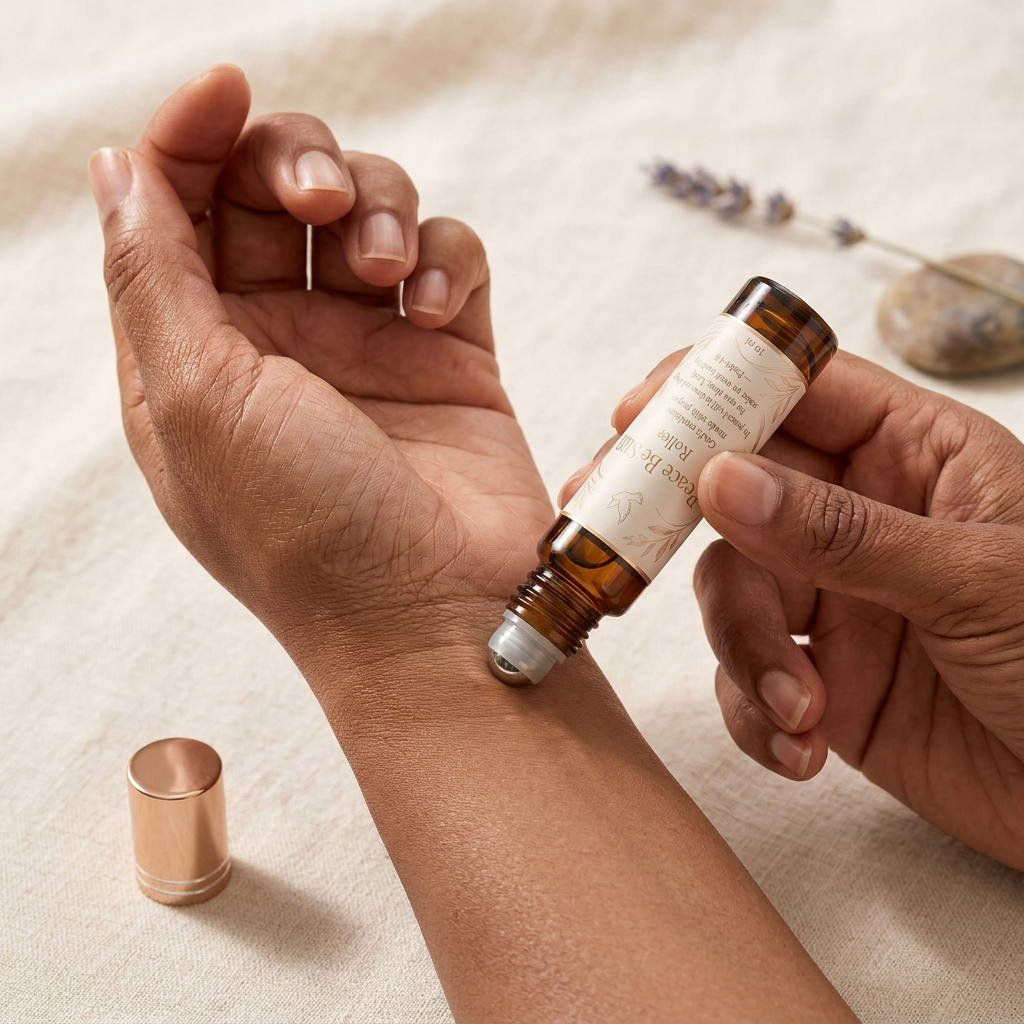 Peace Be Still Roller being applied to an inner wrist