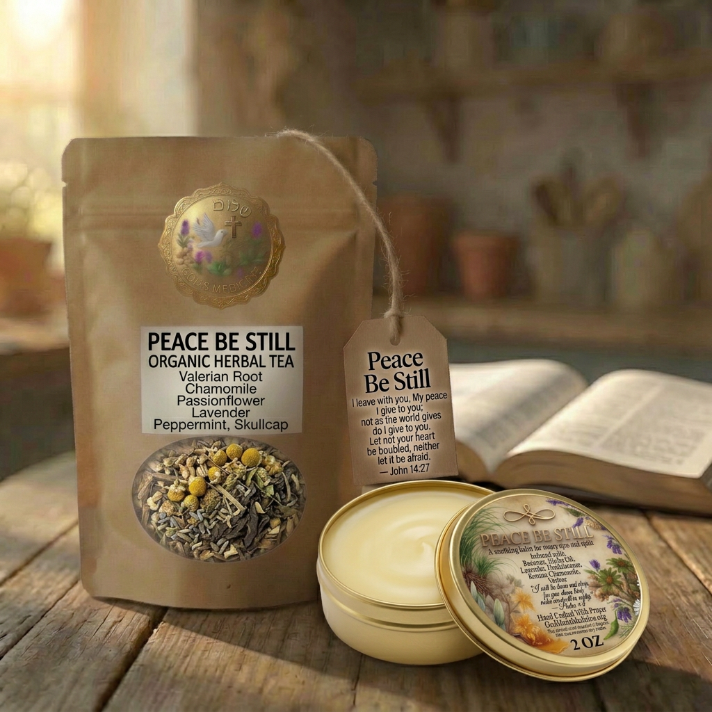 Peace Be Still tea and salve bundle on a rustic Bible table