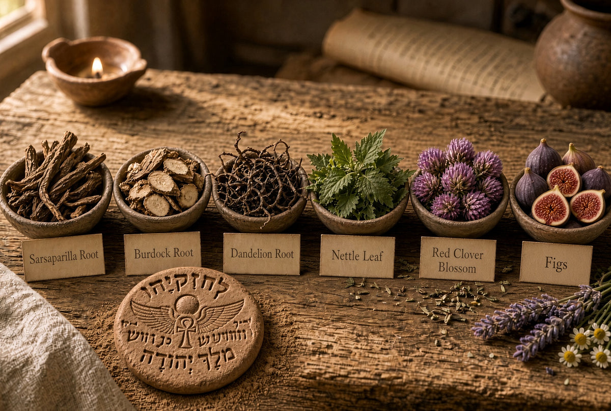 A rustic tabletop arrangement of small bowls containing labeled natural ingredients, including Sarasaparilla Root, Burdock Root, Dandelion Root, Nettle Leaf, Red Clover Blossom, and Figs, with a carved clay token in Hebrew in the foreground and lavender sprigs nearby.

