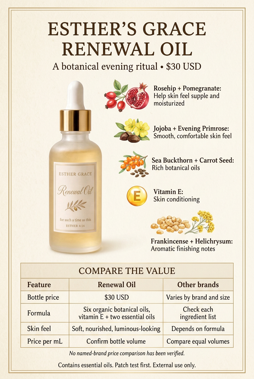 Renewal Oil botanical ingredients, benefits, and value comparison graphic