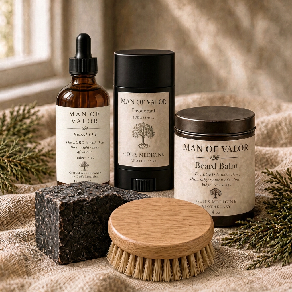 Revised Man of Valor bundle photo with the new beard oil bottle
