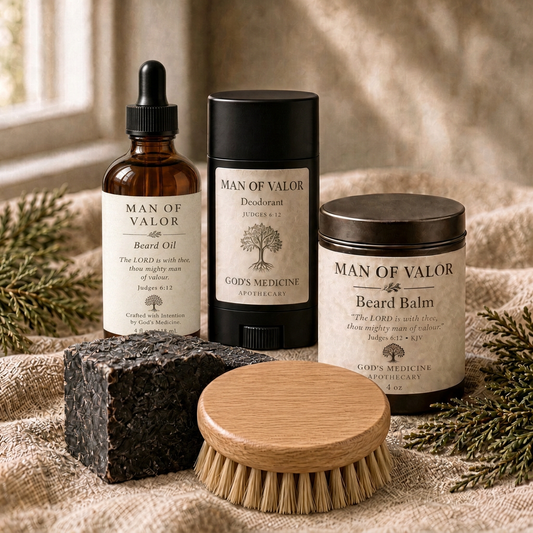 Revised Man of Valor bundle photo with the new beard oil bottle