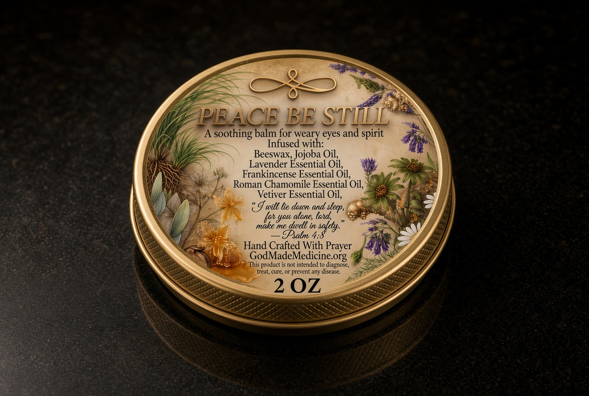 A round gold-toned tin of Peace Be Still essential oils balm, featuring botanical illustrations and product text, set against a dark textured background.

