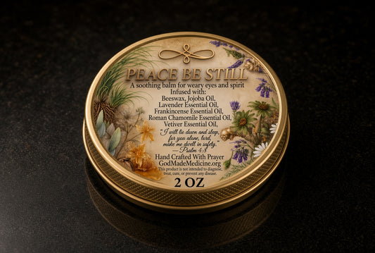 A round gold-toned tin of Peace Be Still essential oils balm, featuring botanical illustrations and product text, set against a dark textured background.

