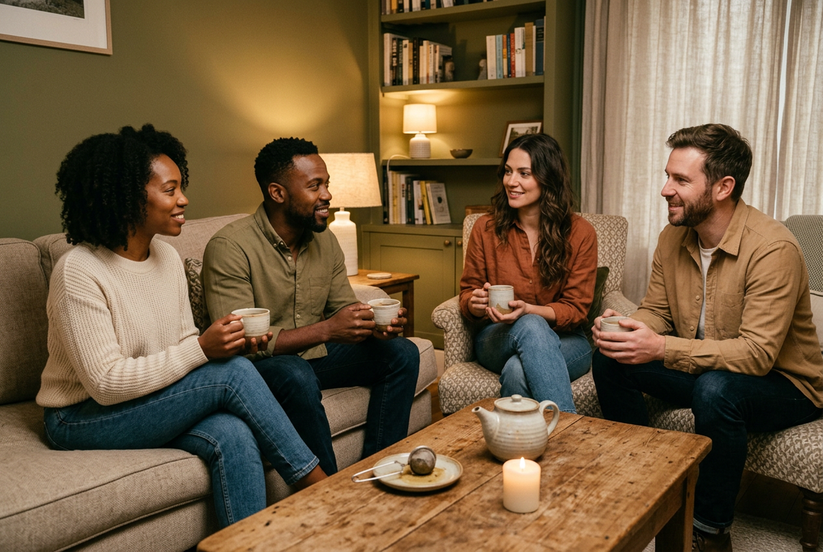 The same friends relaxing and drinking tea after dinner
