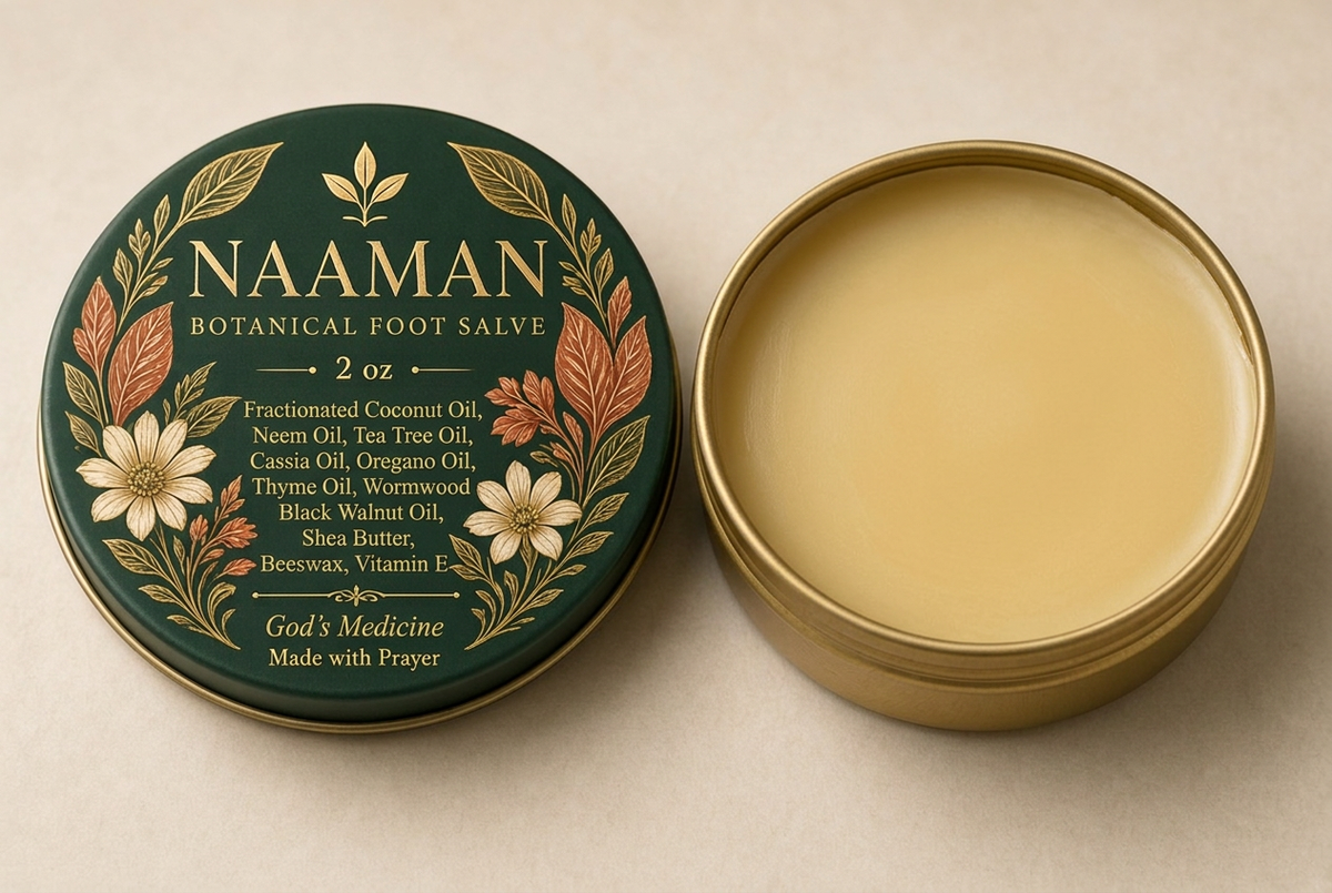 Updated Naaman Botanical Foot Salve label concept with the full ingredient list