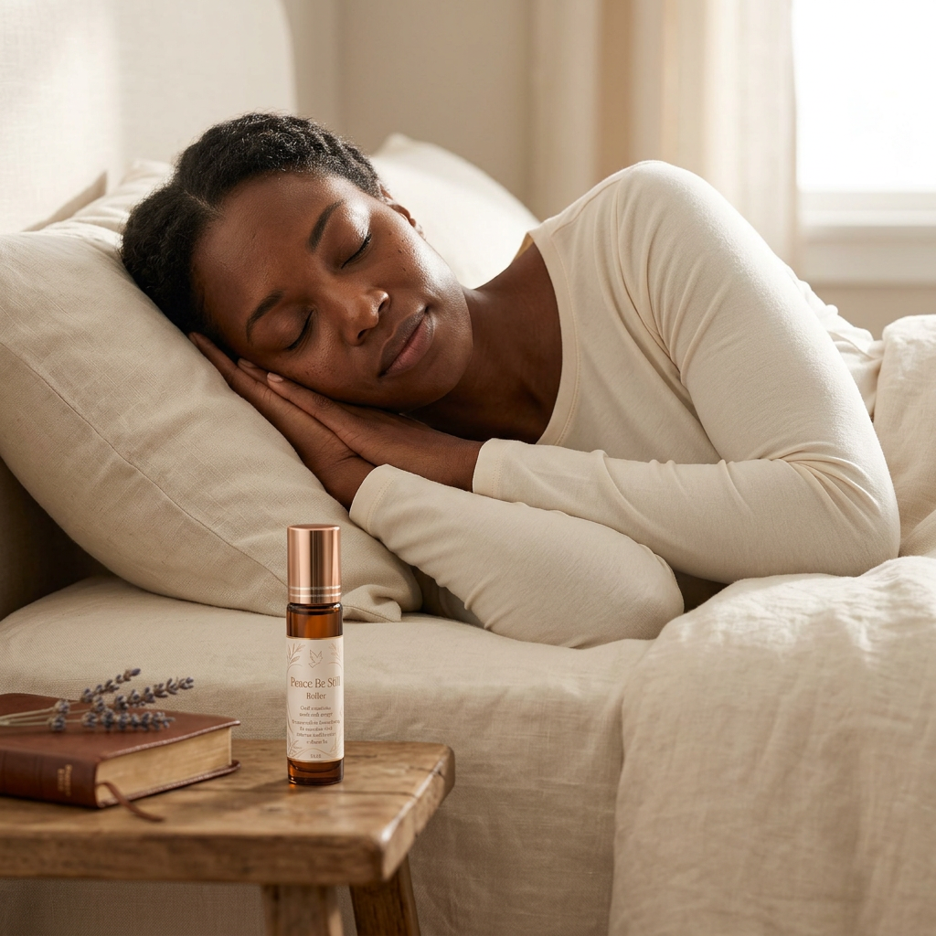 Woman resting peacefully with Peace Be Still Roller on the bedside table