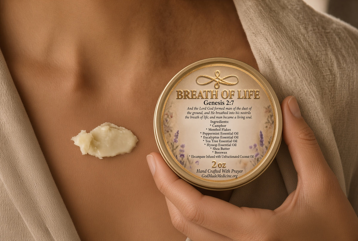A close-up of a person holding a round tin of body butter with a small dollop of the cream on their skin, wearing a beige robe.

